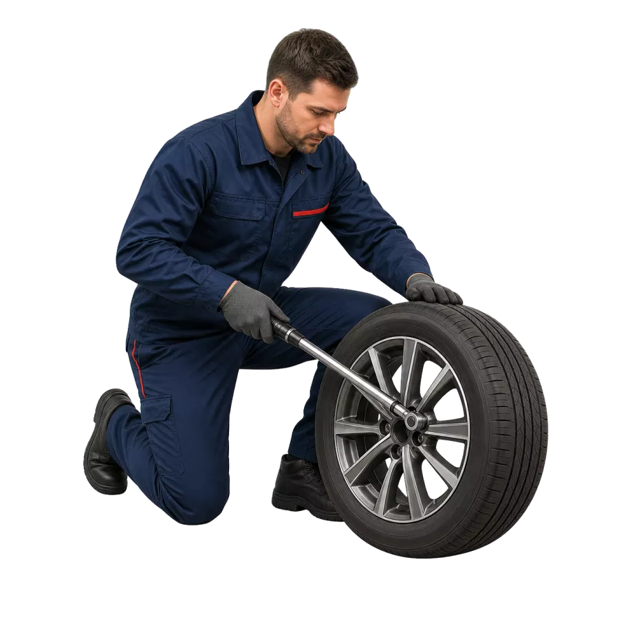 Technician professionally repairing a car wheel